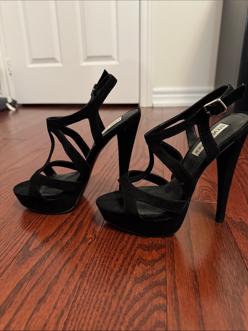 Steve Madden Black Suede Strappy High Platform Heels